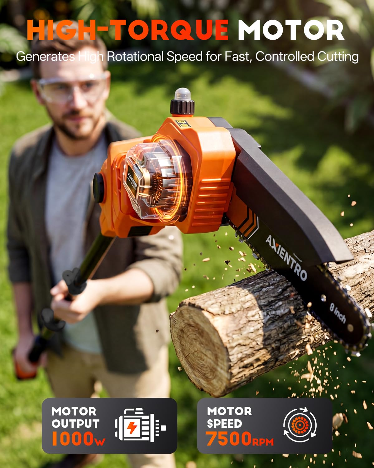 Axientro Electric Pole Saws for Tree Trimming, 2-in-1 Bruless Motor Mini Chainsaw & Pole Saw, 8-in Electric Chainsaw Cordless with Extendsion Pole, 2x4000mAh Li Batteries & Charger, 16FT Max Reach