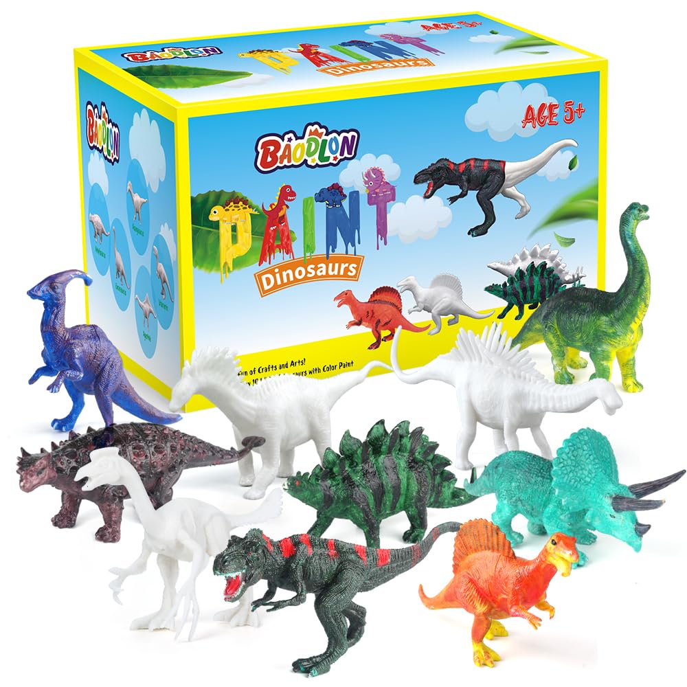 BAODLON Kids Arts Crafts Set Dinosaur Toy Painting Kit - 10 Dinosaur Figurines, Decorate Your Dinosaurs, Create a Dino World Painting Toys Gifts for 5, 6, 7, 8 Year Old Boys Kids Girls Toddlers