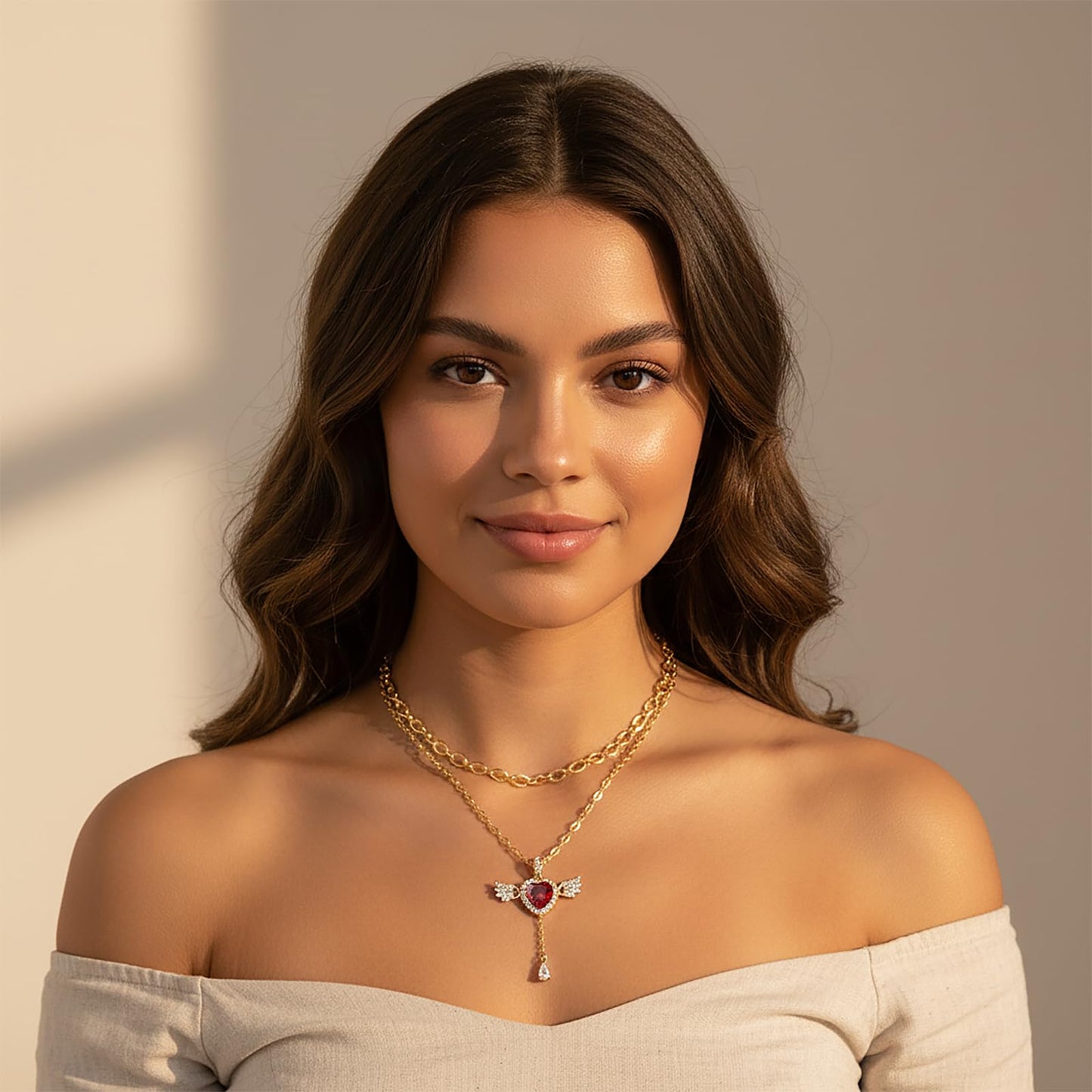 MEIITRUE Heart Necklace for Women Trendy,14k Gold Plated Dainty Layered Necklaces Set Cubic Zirconia Love Drop Pendant with Movable Wings Personalized Choker Chain Jewelry Gift Red