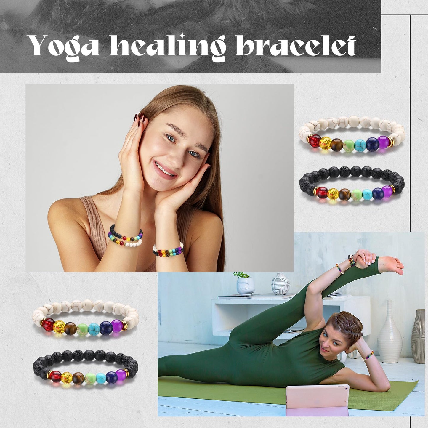 Huquary 24 Pcs Chakra Bracelets for Women Volcanic Rock 7 Chakras Crystals and Healing Stones Bracelets 8mm Natural Stone Yoga Beaded Wristlet for Women Men Essential Oil Diffuser