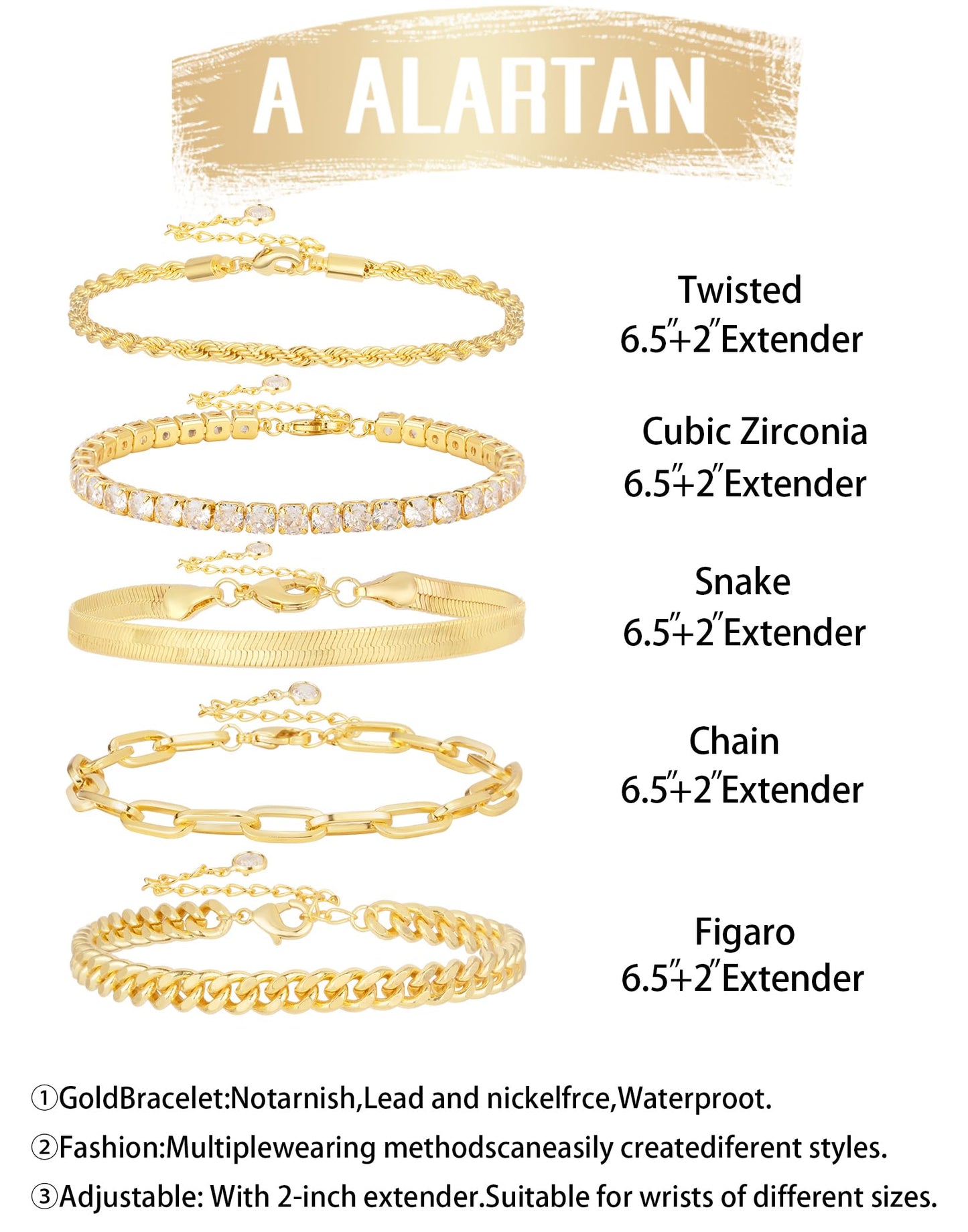 Gold Bracelets for Women 14K Gold Plated Stack Trend Bracelets Charm Paperclip Chain Cuban Link Layered Waterproof Bracelet Dainty Bracelet for Women Jewelry Gifts (5Pcs Gold)