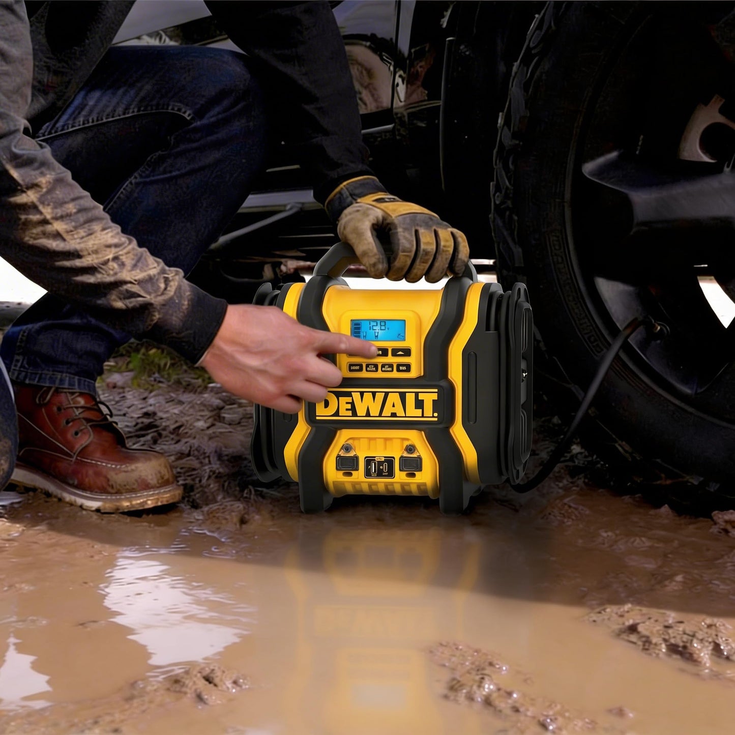 DEWALT DXAEPS14 2000 Peak Battery Amp 12V Automotive Battery Booster Jump Starter/Power Station with 120 PSI Compressor, 500W AC Power Inverter, and 15W USBa & 25W USB Ports