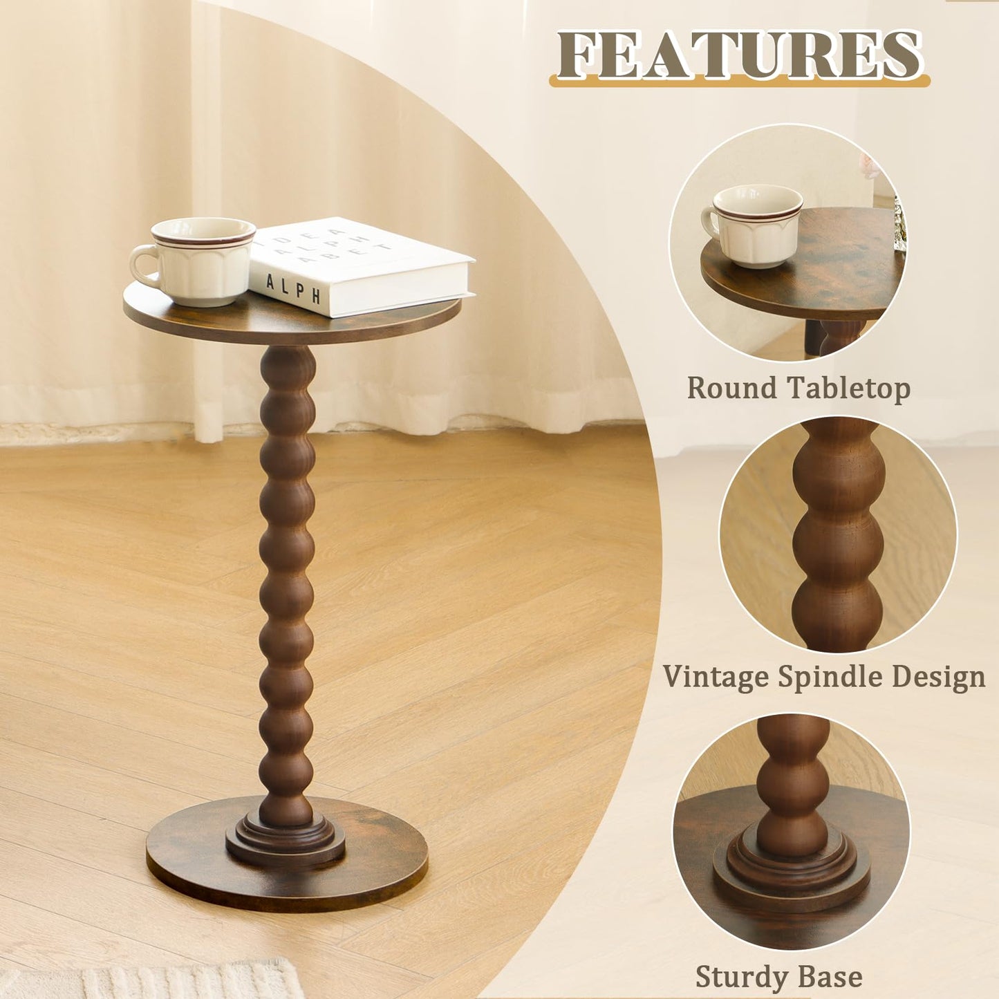 Fultyle Round Side Table, Small Drink Table for Small Spaces, Modern Accent Nightstand with Solid Wood Leg for Living Room, Bedroom, Corners, and Office (Rustic Brown)
