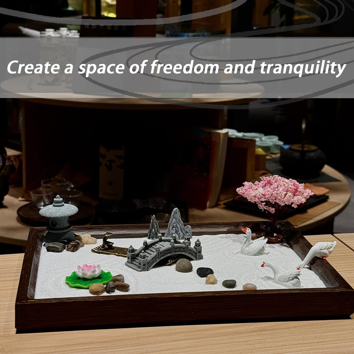SRAYW Zen Garden Kit for Desk Decor. 11x7.5'' Beautiful Japanese Mini Zen Garden Meditation Gifts Set for Home,Office Desk＆Meditation Room.6 Tools ＆ 18 Accessories. Zen Sand Tray Therapy