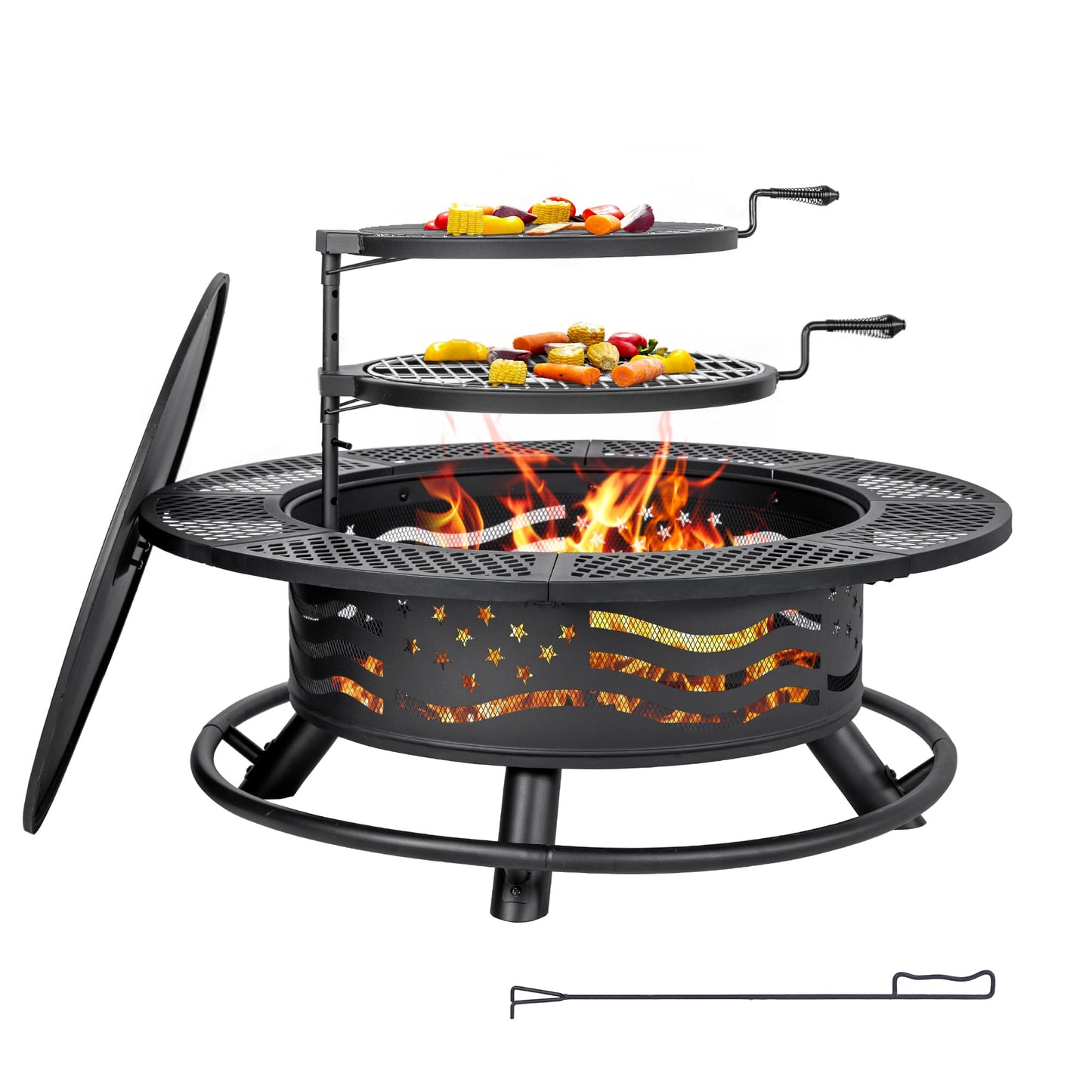 Panovue 42 Inch Fire Pit with 2 Cooking Grates, Outdoor Wood Burning BBQ Grill Firepit Bowl with Cover Lid, Steel Round Table for Backyard Bonfire Patio Picnic (Black, 42)