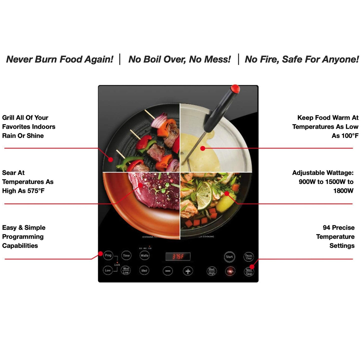 Nuwave Pro Chef Induction Cooktop, Commercial-Grade, Portable, Powerful 1800W, Large 8” Heating Coil & Mosaic Induction Wok, Precise Temp Controls from 100°F to 575°F in 5°F