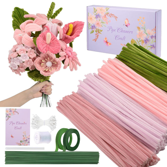 400 Pcs Pipe Cleaners Craft Set, 4 Assorted Pink Pipe Cleaners Flower Kit, 7MM Fluffy Chenille Stems for DIY Flower Making Kit with Floral Stems, Gardening Tape, Stamen for DIY Gift Decorations(Pink)