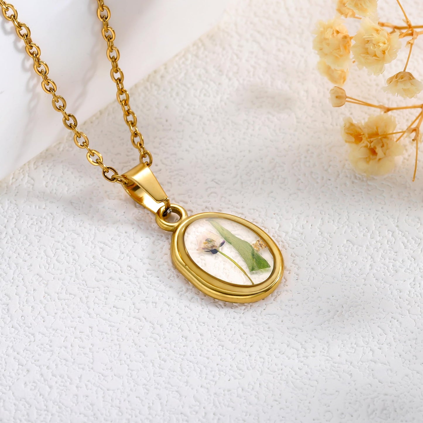 LETFLY Birth Flower Necklaces for Women, 18K Gold Plated Oval Shaped Handmade Floral Pendant, Pressed Flower Necklace Jewelry Gifts Hope