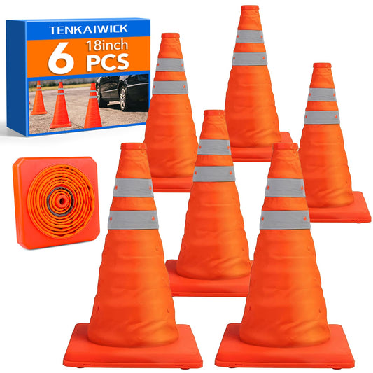 TENKAIWICK 18 Inch 6 Pack Traffic Cones,Collapsible Safety Cones,Multi Purpose Pop-up Cones with Reflective Collar,Orange Cones for Parking lot, Driveway, Driving Training etc