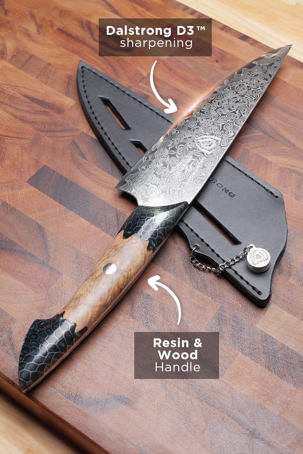 Dalstrong Chef Knife Professional- 8”-Scorpion Series - Venom Edition - Japanese Steel Chef Knife - Spiral Sandstorm Blade Pattern - Black Honeycomb Resin Handle - w/Chef Knife Leather Sheath