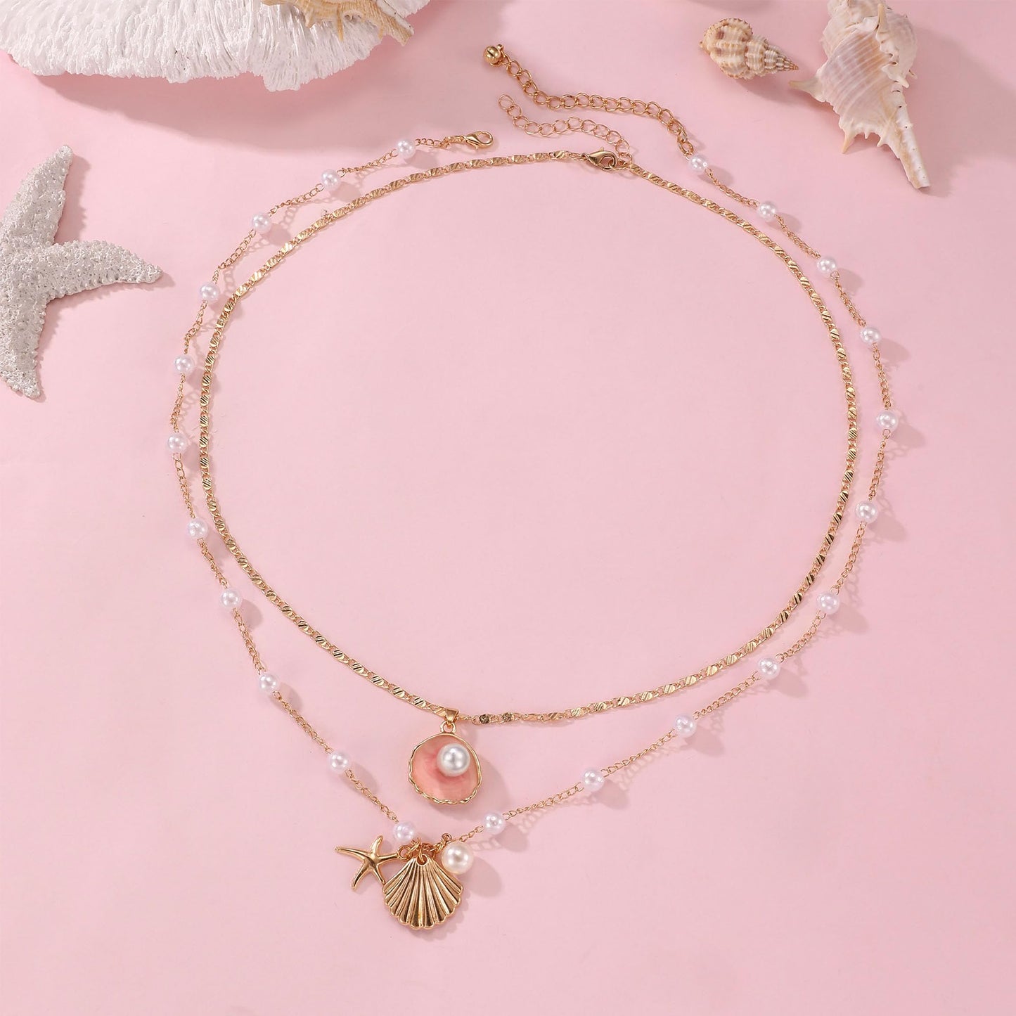 Drogomen Shell Necklaces for Women Layered Beach Charm Necklace Sea Shell Starfish Necklace Bohemian Surfer Beachy Summer Jewelry Vacation Outfits for Women (AP)