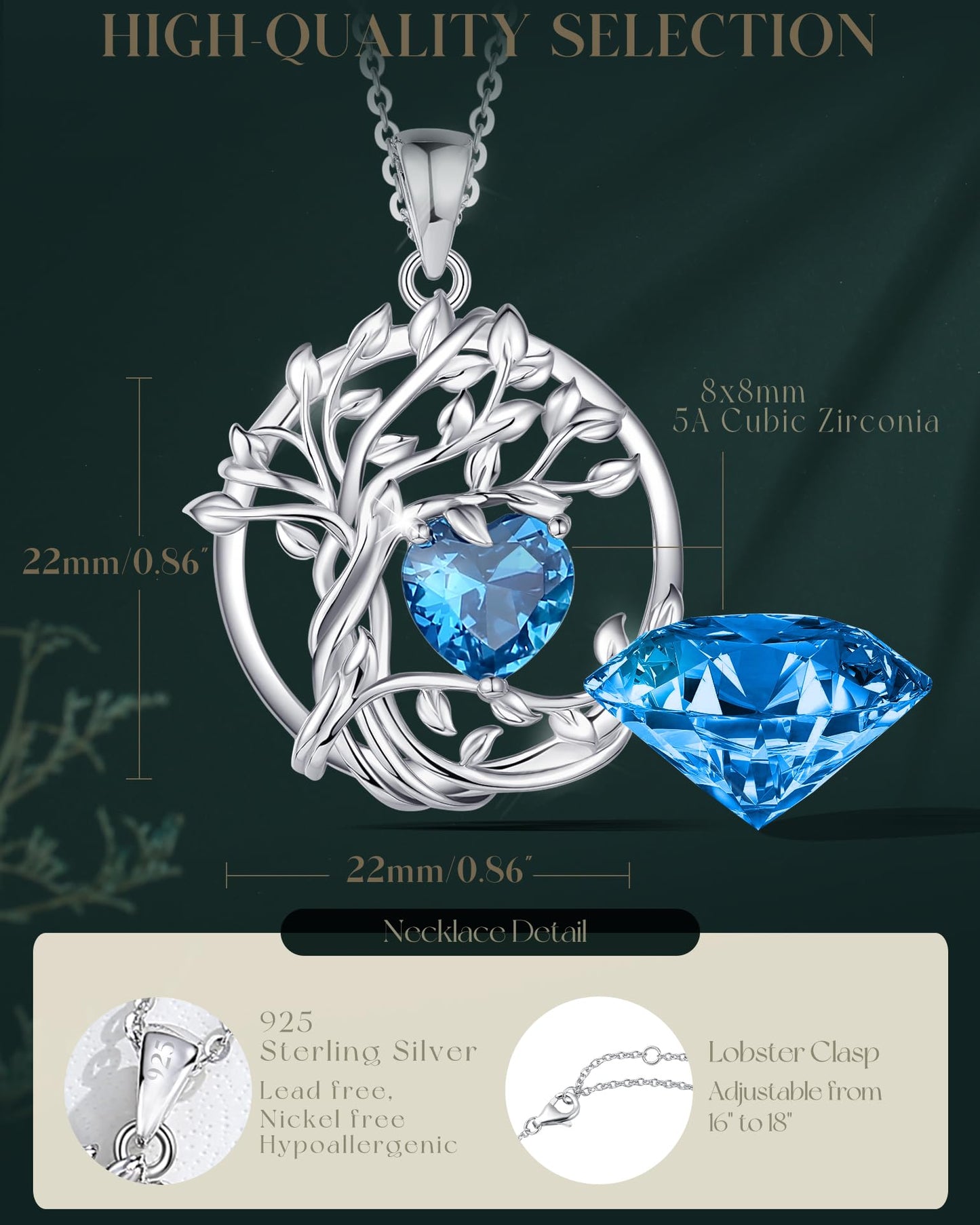 FANCIME Tree of life December Birthstone Necklace for Women Sterling Silver Tree Jewelry London Blue Topaz Pendant November Gemstone Anniversary Birthday Christmas Gifts for Wife Mom Her