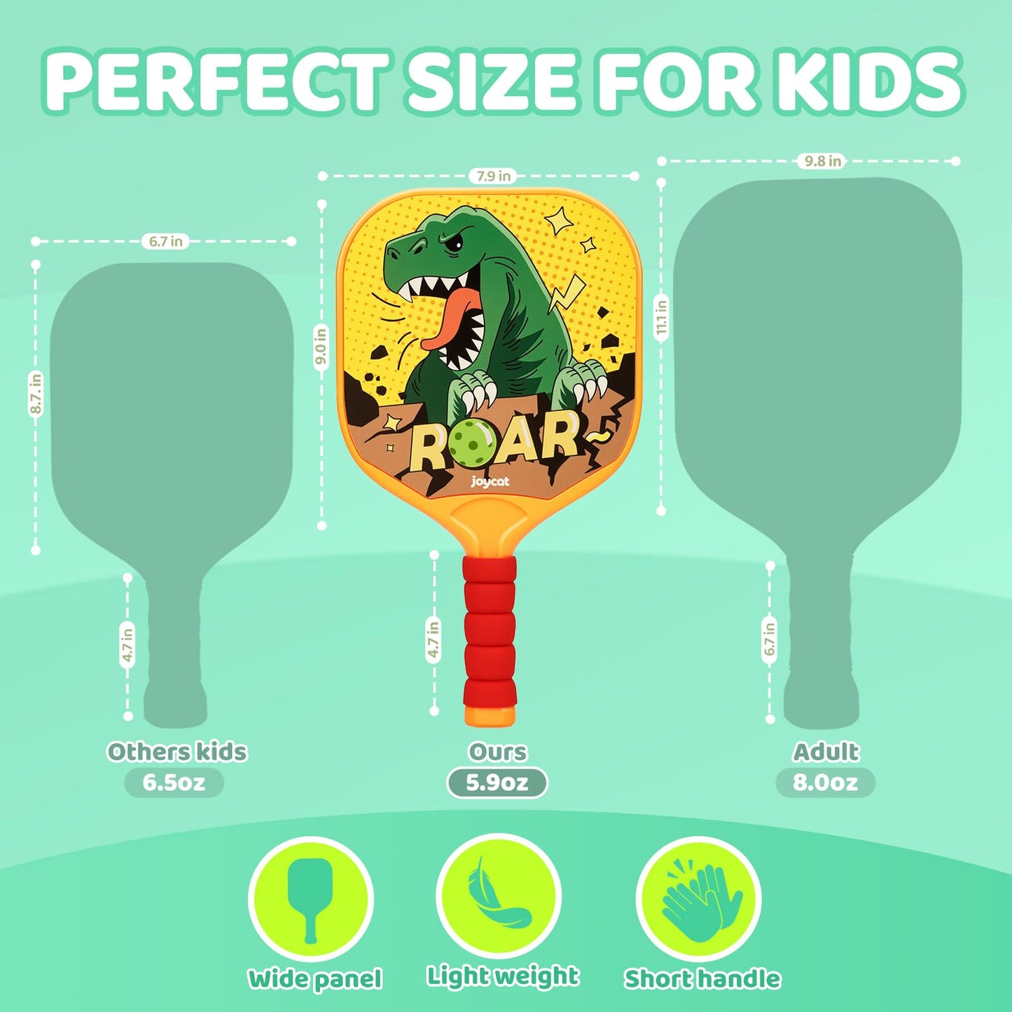 Joycat Kids Pickleball Paddles Set of 2, Lightweight Plastic Cute Pickleball Paddles for Kid with Small Grip, 2 Pickleballs, 1 Drawstring Bag,Indoor Outdoor Sport Gifts for Kids,Beginner (Dinosaur)