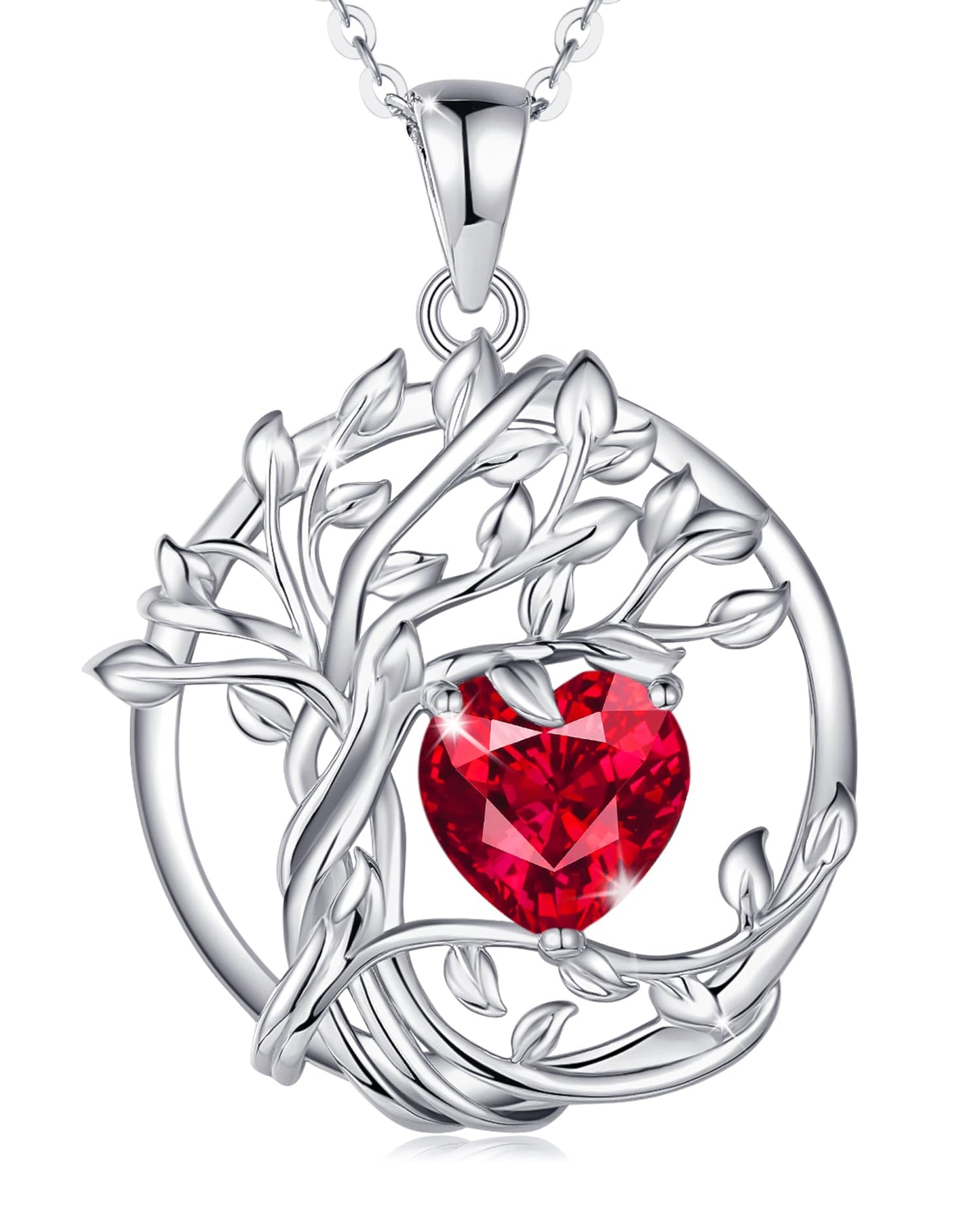 FANCIME Tree of life July Birthstone necklace for women Sterling Silver Tree Jewelry Ruby Pendant Red Gemstone Anniversary Birthday Christmas Gifts for Wife Mom Her