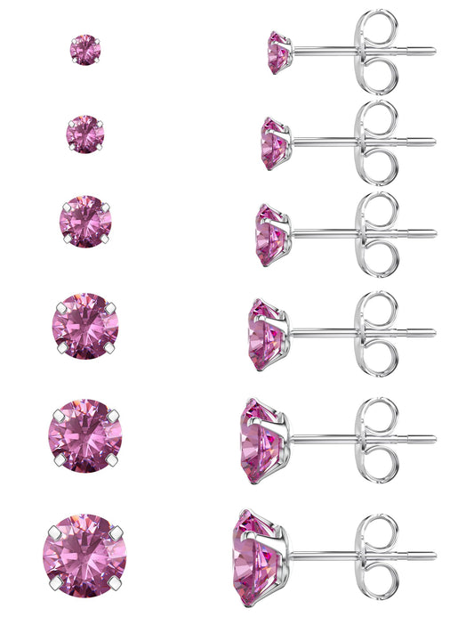 6 Pairs Stud Earrings Set Hypoallergenic Cubic Zirconia 316L Earrings Stainless Steel Earrings for Women (Pink)