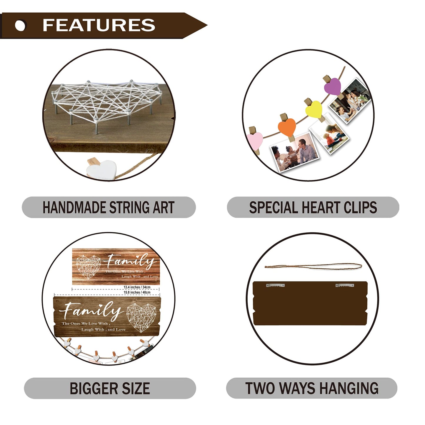 Buecasa Housewarming Gifts New Home Sign Decor- Family Wall Hanging Picture Frame with 6 Heart Clips 15.8x6.0 Inches