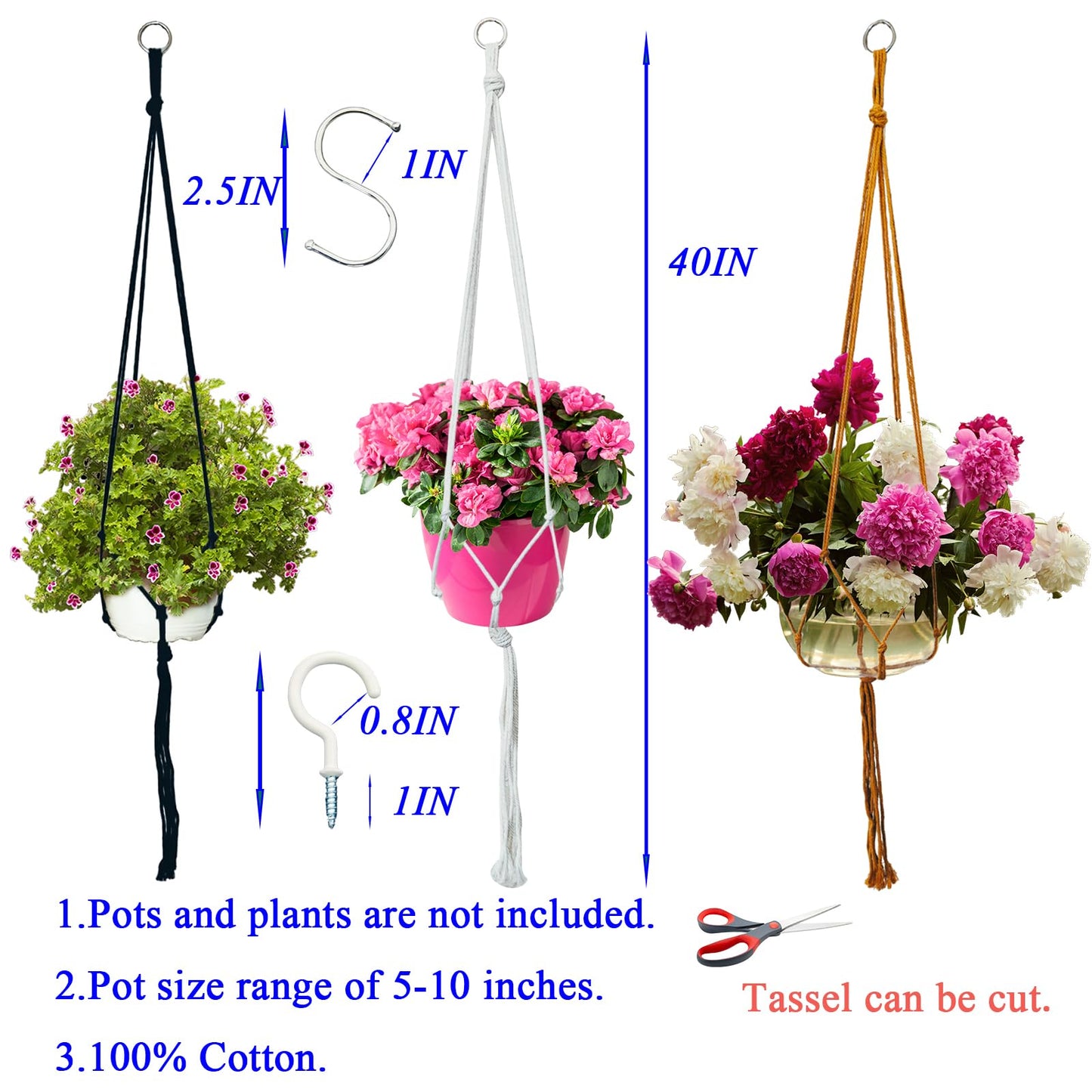 Macrame Plant Hangers Planter Flower Pots Holder 3 Pack Basket Stand Tassels with 6 Hooks Kit Cotton Rope for Decorative Indoor Outdoor Patio Garden Boho Home Décor (POTS NOT Included) (BLACK)