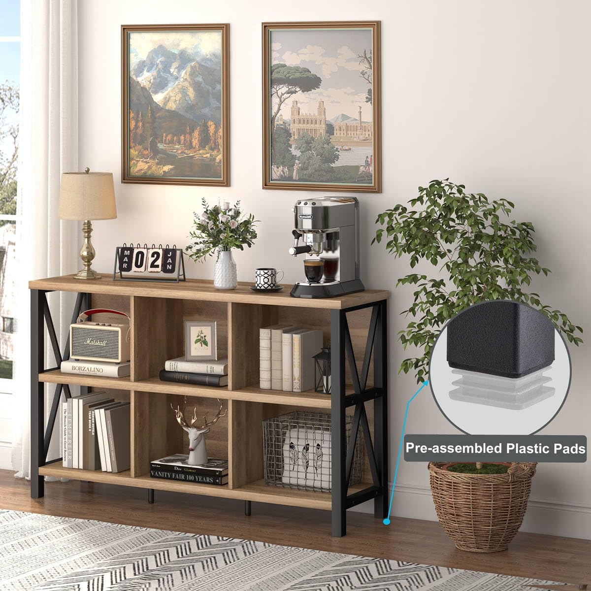FATORRI 6 Cube Storage Organizer with Shelf, Long Wood and Metal Cubby Bookcase, Industrial Horizontal Bookshelf (Rustic Oak, 47 Inch)