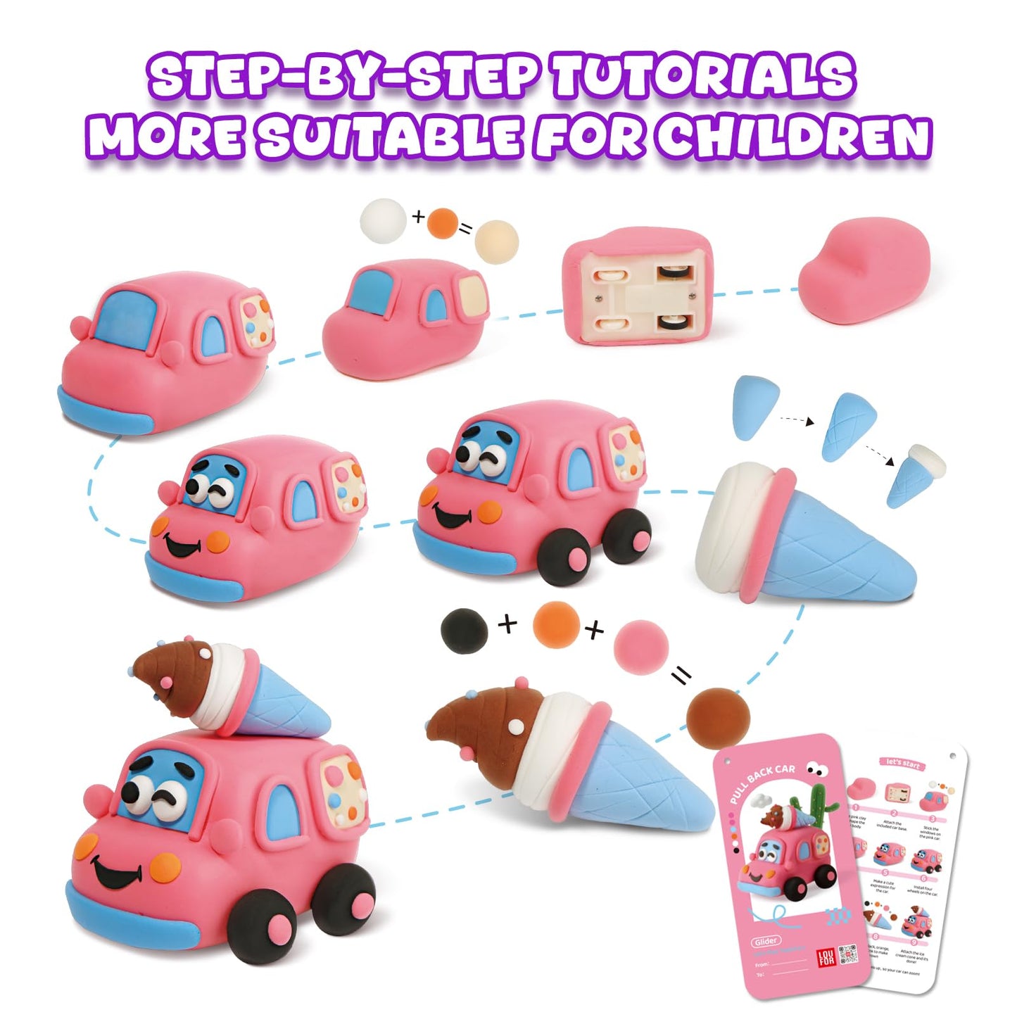 Air Dry Clay Kit for Kids - Pull Back Car Making, 3 Boxes Modeling Clay with Sculpting Tools, Base, Backing Board, Tutorial, Ultra Light & Soft, Non-Toxic & Safe, Creative DIY Arts and Crafts Toys