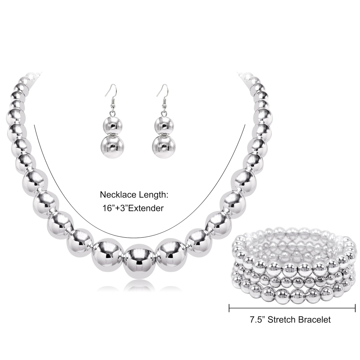 Cryshimmer Silver Bead Necklaces Earring Bracelets for Women Handmade Beaded Strand Collar Necklace Costume Jewelry Set (Silver Plated)