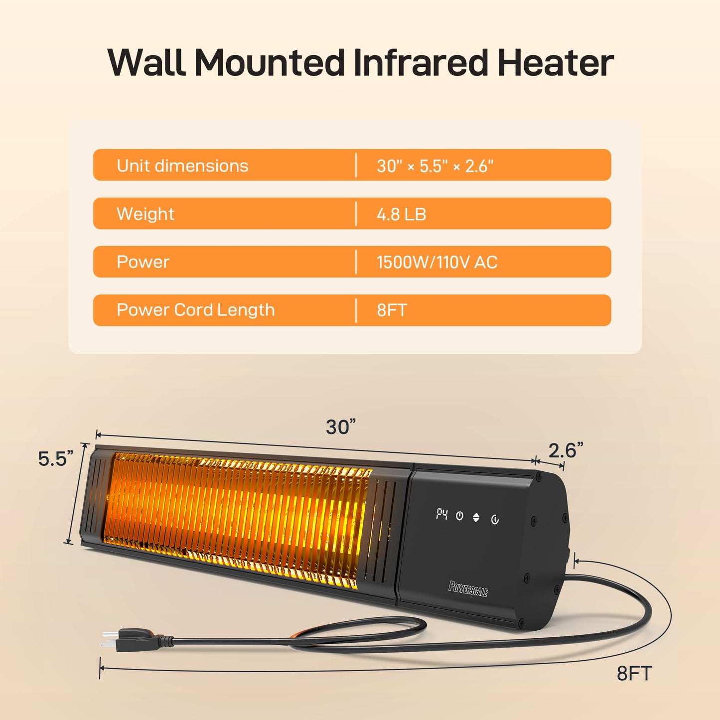 Powerscale 1500W Electric Patio Heater, IP65 Waterproof, Remote, Fast Heating, 4 Heat Levels, 24H Timer & Memory Function, Wall Mounted Indoor/Outdoor Heater for Patio, Garage, Backyard, Black