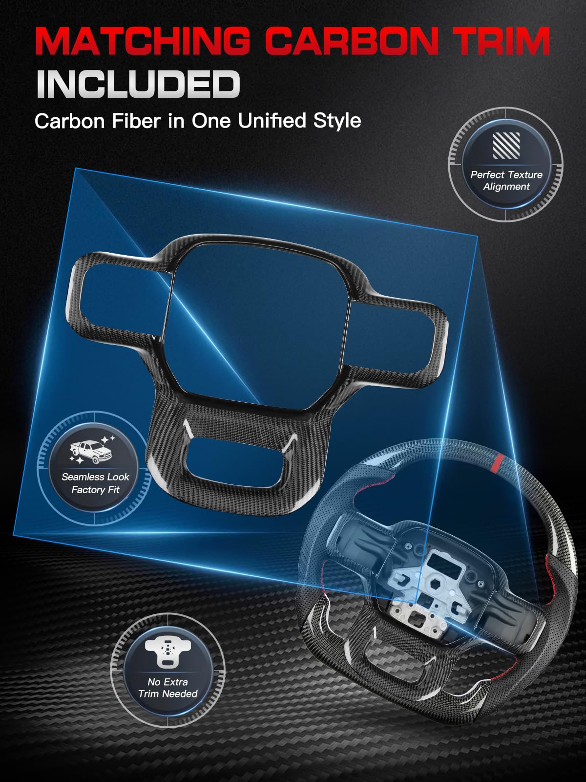 TESFEEL Real Carbon Fiber Steering Wheel for Ford F150 (2021-2025), D-Shape, Red Stripe & Stitching Nappa Leather, Includes Matching Trim, for F-150 XL, STX, XLT, SSV, Pro, Flash