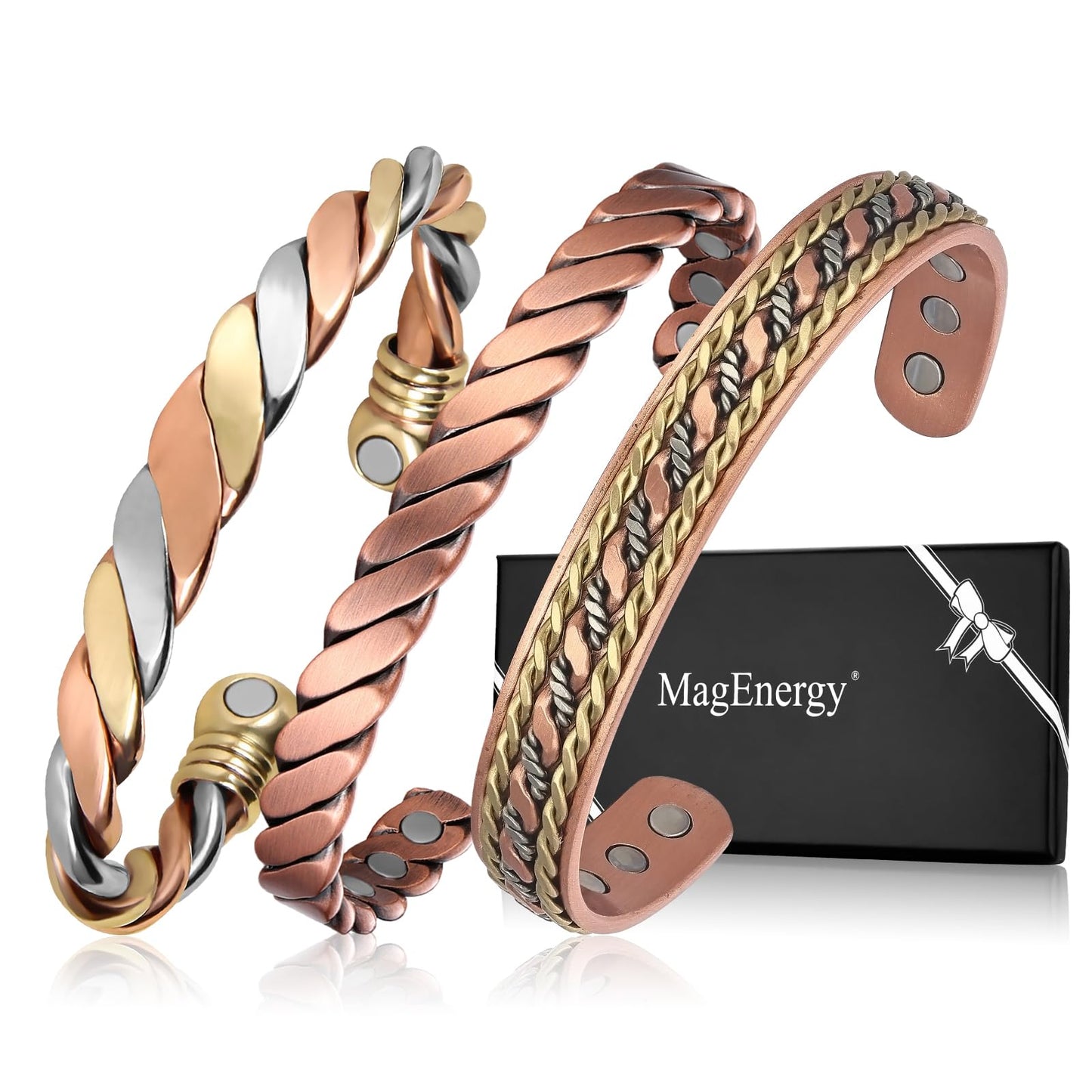 MagEnergy Copper Bracelets for Women Men, Set of 3 Pcs, Magnetic Therapy, Handmade 99% Copper Cuff Bracelet, Jewelry Gift Box