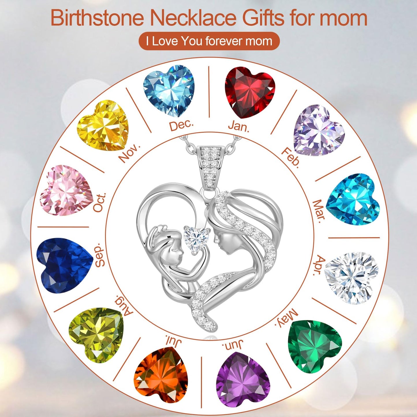 Zifeel Mothers Day Gifts for Mom Wife Her Grandma, S925 Sterling Silver Birthstone Necklaces Jewelry for Women, Mother's Day Love Heart Pendant Necklace for Anniversary Birthday Christmas Day