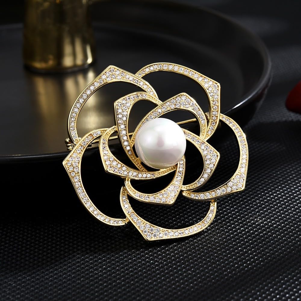 EMEGCY Gold Rose Brooch for Women Rhinestone Rose Flower Brooch Pin 18K Gold Plated Hollow Flower Lapel Pin Floral Jewelry Gift for Mom Wife Birthday