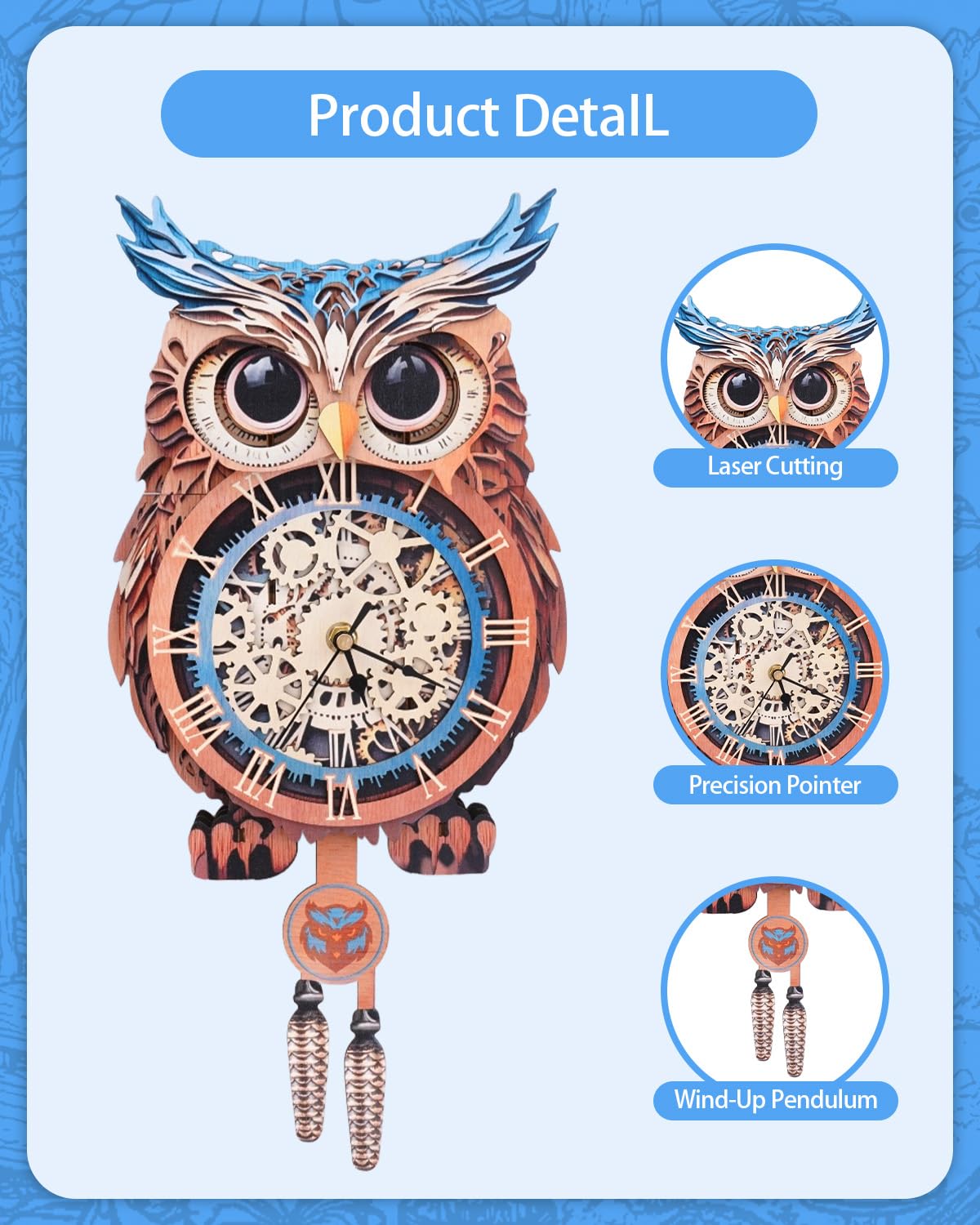 Rnfinewow 3D Wooden Puzzles for Adults, Owl Clock with Pendulum Model Kit, 3D Puzzles for Adults Room Home Decor DIY Wall Clock Kit, Holiday Birthday Christmas Day Gifts for Men Women