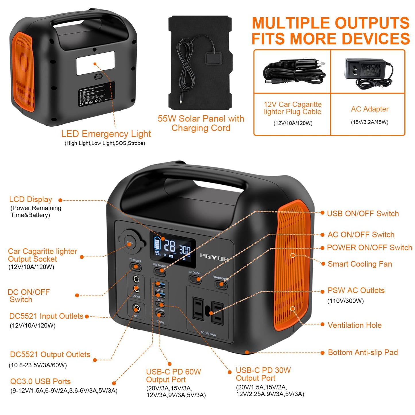 PGYOB Portable Power Station with 55W Solar Panel, 299Wh LiFePO4 Backup Battery 300W Pure Sine Wave AC (600W Peak) Car Outlets PD 60W QC3.0 Solar Generator Power Bank for Camping, Emergency, CPAP