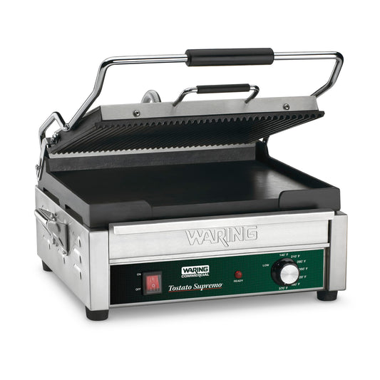 Waring Commercial WDG250 Tostato Supremo Ribbed Top Plate and Flat Bottom Plate Large Surface Panini Grill, 120 V, 1800W, 5-15 Phase Plug