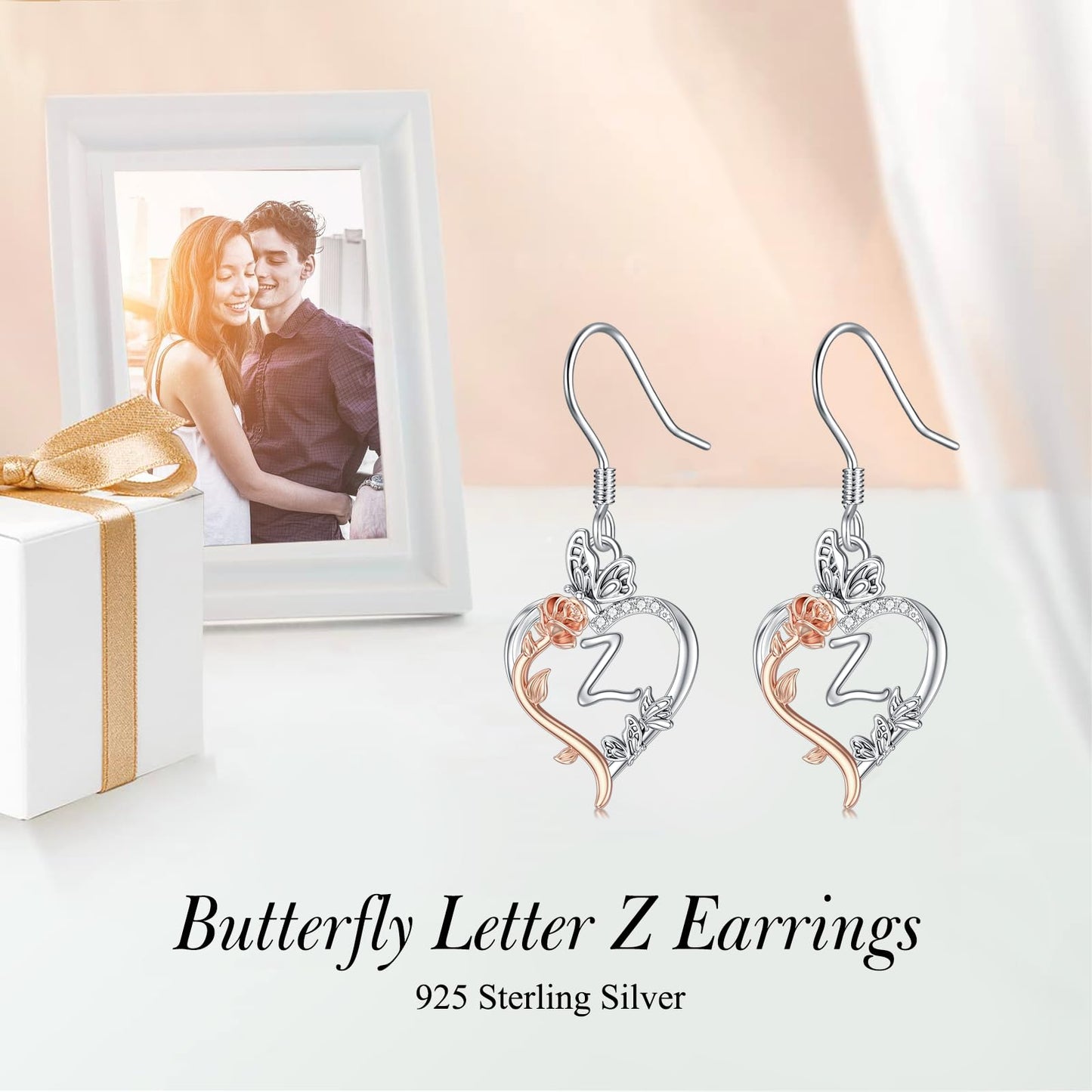 TOUPOP Rose Heart Initial Earrings Sterling Silver Butterfly Earring Initial Z Letter Drop Dangle Earrings Jewelry Anniversary Birthday Mothers Day Gifts for Women Mom Wife Girlfriend Her