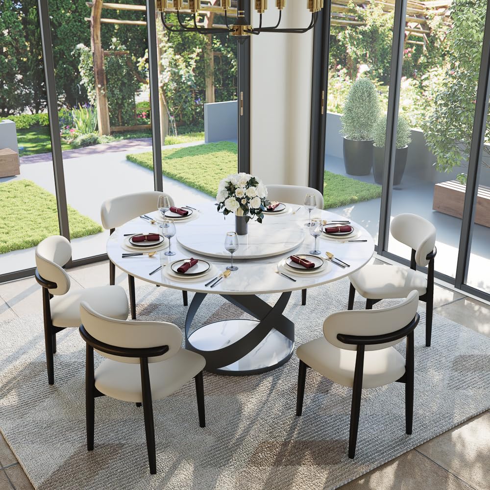 POVISON 59" Modern Dining Table, Glossy White Round Dining Table for 6 Built in Lazy Susan, Sintered Stone Dining Tabletop with Black X Carbon Steel Base (Table Only)