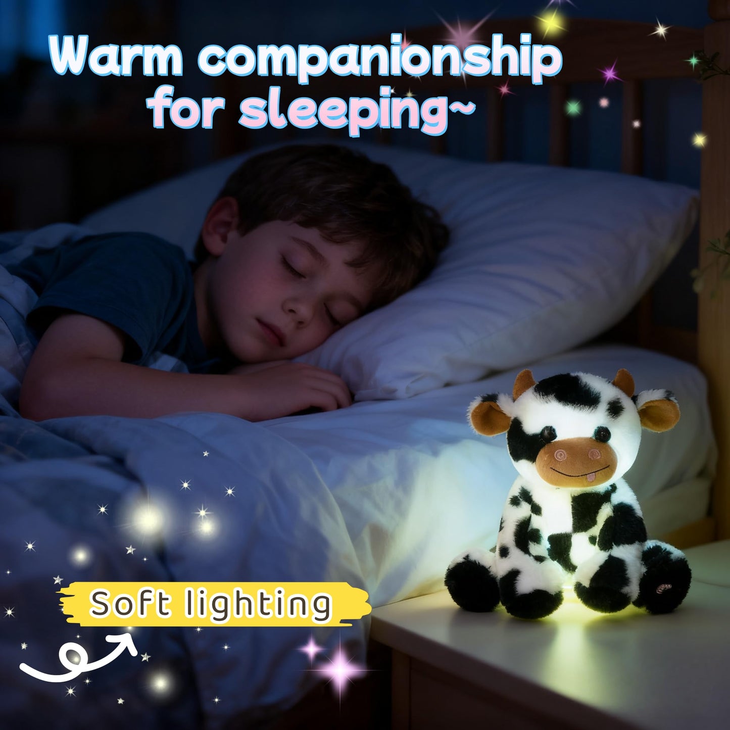 unsnurnoch 9.8" Glowing Cow Plush Toy, Soft Light-Up Black Cow Stuffed Animal for Kids, Night Light Comfort Toy for Sleeping, Birthday for Boys and Girls