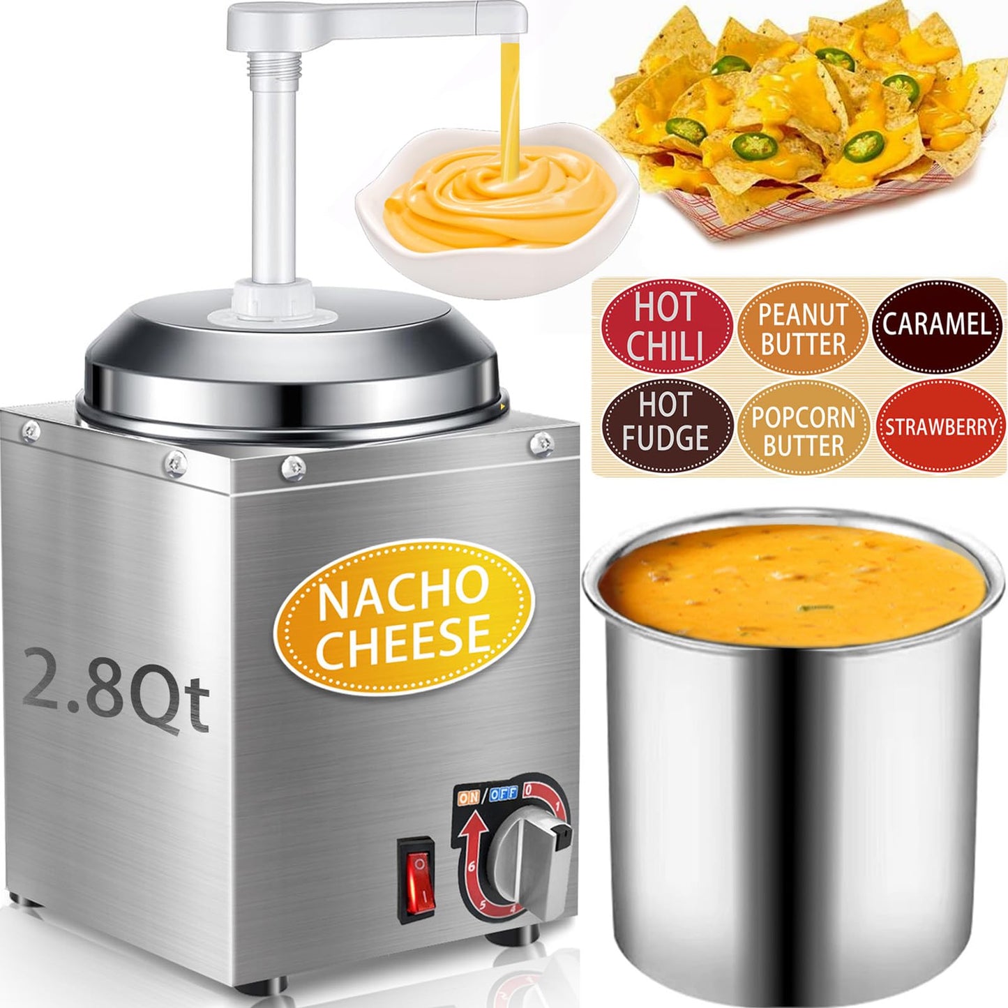 Nacho Cheese Dispenser with Pump - 2.8QT Stainless Steel Nacho Cheese Hot Fudge Sauce Warmer Machine with 6-Level Temperature Control, Commercial Dispenser for Hot Chocolate, Hot Fudge, and Caramel