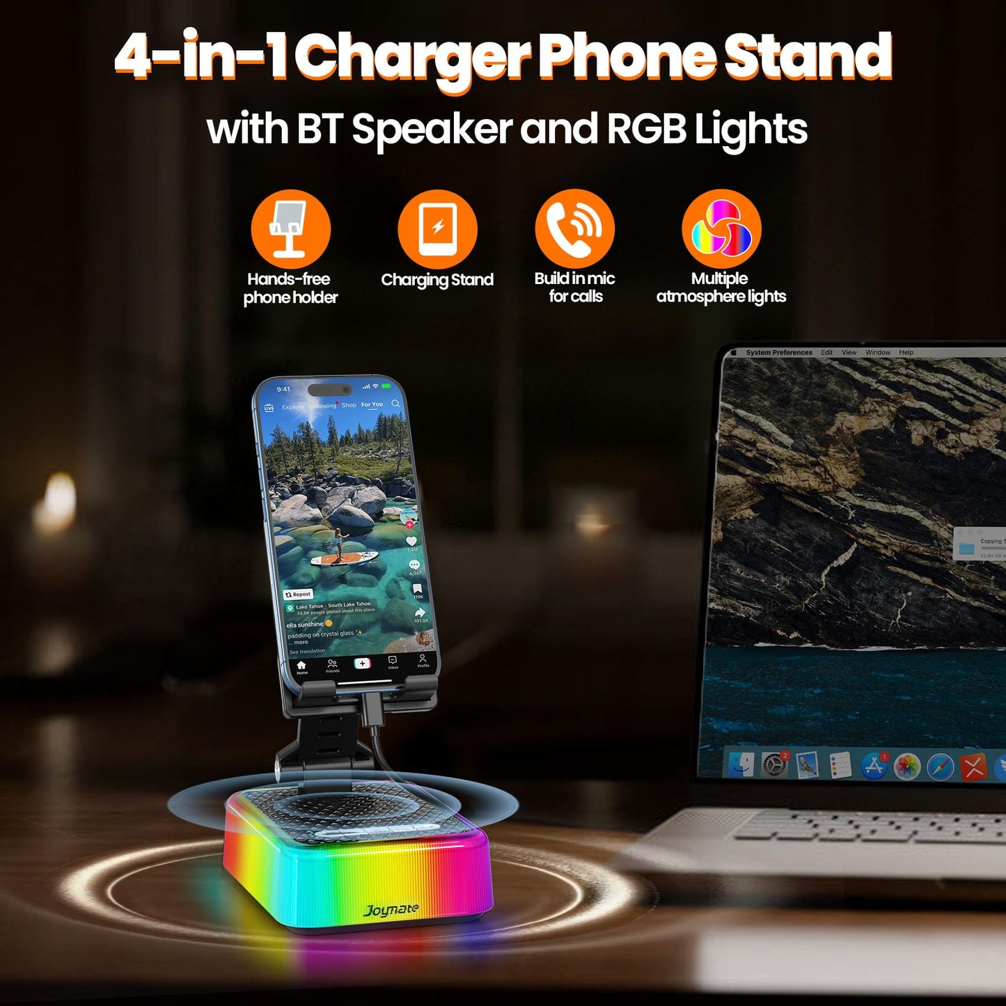 Gifts for Men and Women, Charger Phone Stand with RGB Lights and Bluetooth Speaker, Birthday Gifts for Husband,Wife and Teens Adjustable Angle Cell Phone Holder Valentine (Black)