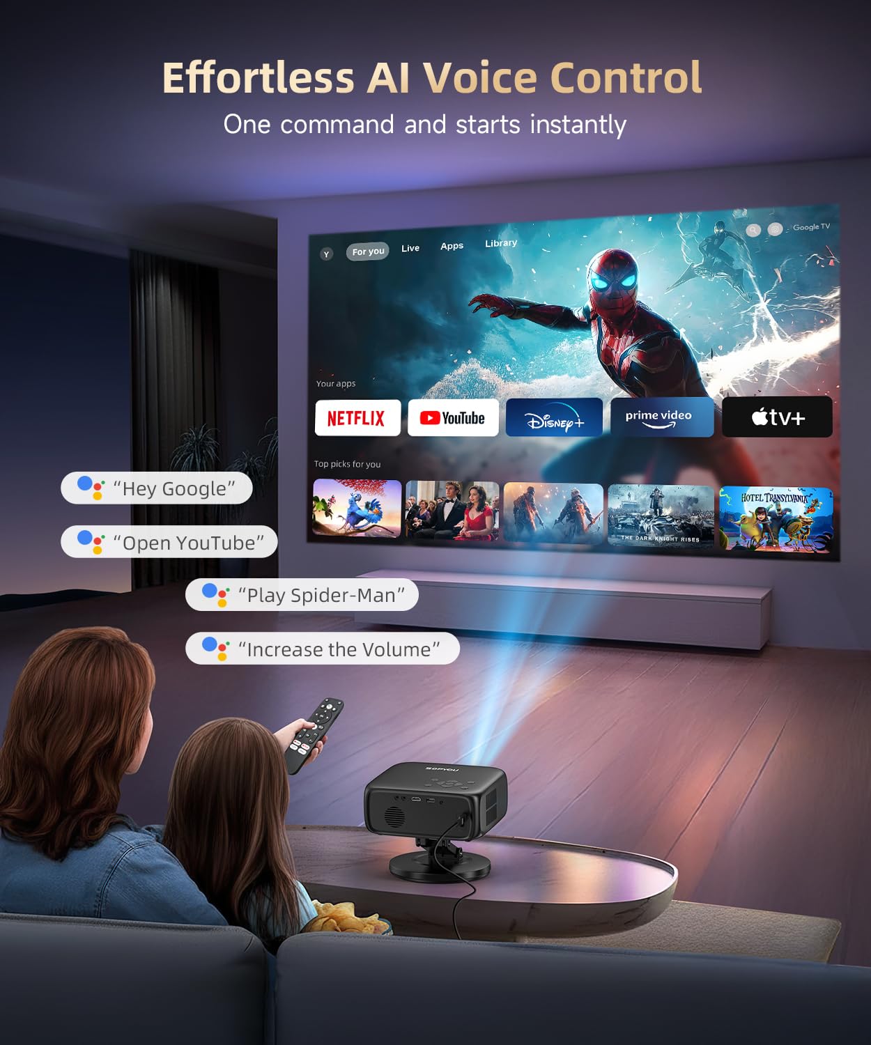 [1500ANSI/ Google TV] Smart Projector with WiFi and Bluetooth, SOPYOU Portable Outdoor Projector 4K Support, Auto Focus & Keystone, Built-in Apps, Indoor Home Theater with 360° Rotatable Stand