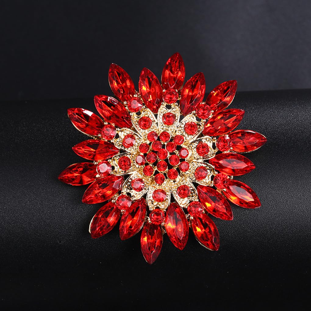 Rhinestone Large Flower Brooches Pins for Women Fashion Sparkly Crystal Sunflower Statement Brooch Wedding Party Suit Dress Formal Jewelry Accessories (red)