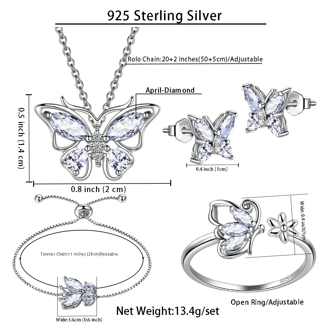 Hipunk Butterfly White Jewelry Sets Birthstone Women 925 Sterling Silver April-Diamond Birth Stone Animal Butterflies Jewelry Sets/Earring/Ring/Bracelet Set Crystal Birthday Jewelry SS0003W