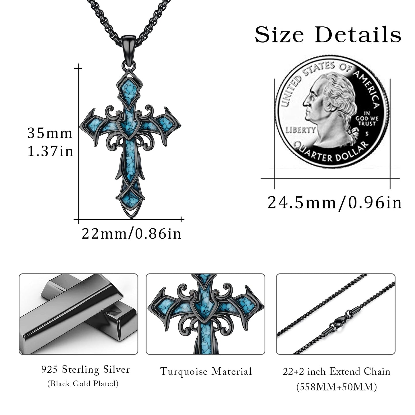 YEESIA Cross Necklace for Men Women, 925 Sterling Silver, Black Cross Pendant Necklace with Turquoise, Christian Jewelry, Gift for Men Women