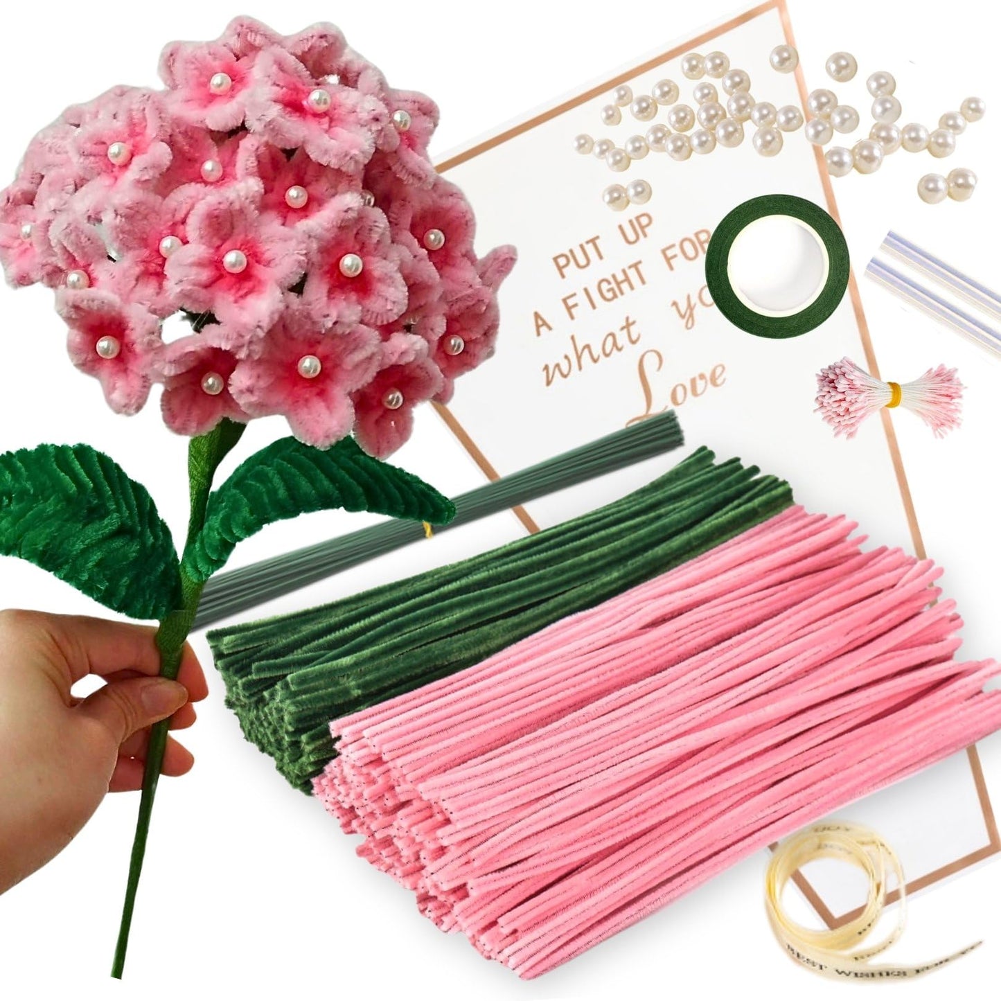 Dark Pink Pipe Cleaner Kit with 150 Pcs Pipe Cleaners Colourful in 2 Colours（Dark Pink,Green,8 Pcs Green Floral Wire,40 Pearls,40 Stamen,Floral Tape,Flower Wrapping Paper and Ribbon