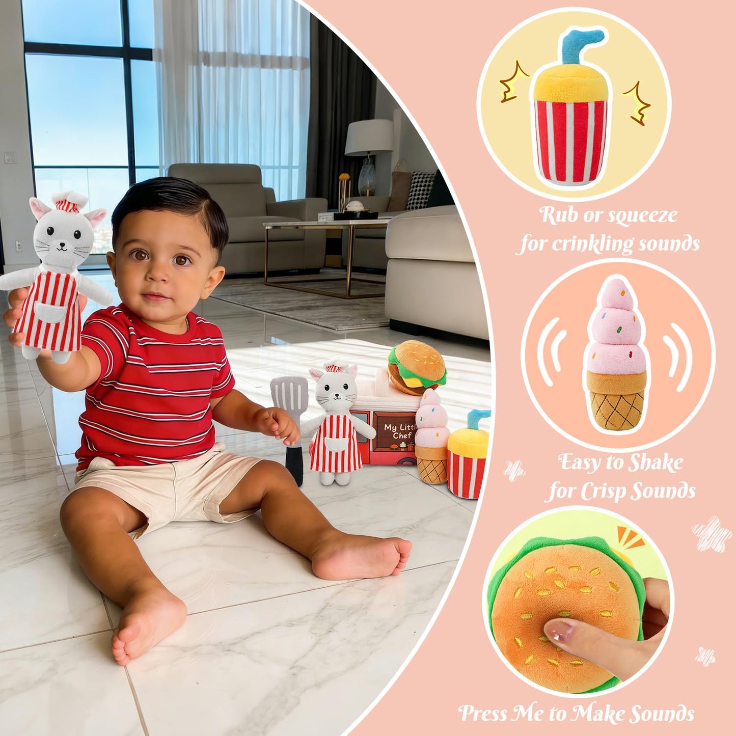 Cooking Play Set for Toddlers Cat Baby Toys 6-12 Months Interactive Stuffed Animal Plush Kitchen Pretend Toys for Girls Boys Gift Stuffed Teething Toy Infants Crinkle Sensory Toy Montessori(Kitten)