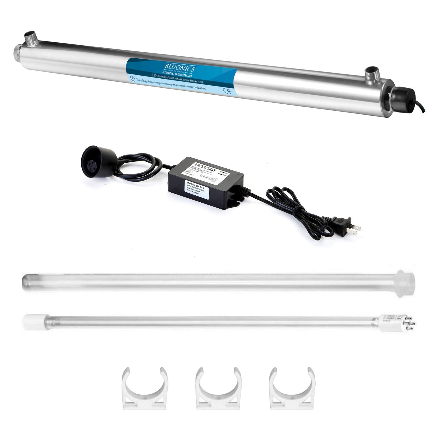 UV Water Filter Whole House Purifier System 55W Ultraviolet Light Lamp, 110V, 12GPM Flow Rate, 3/4 inch NPT Inlet Outlet Purification by Bluonics