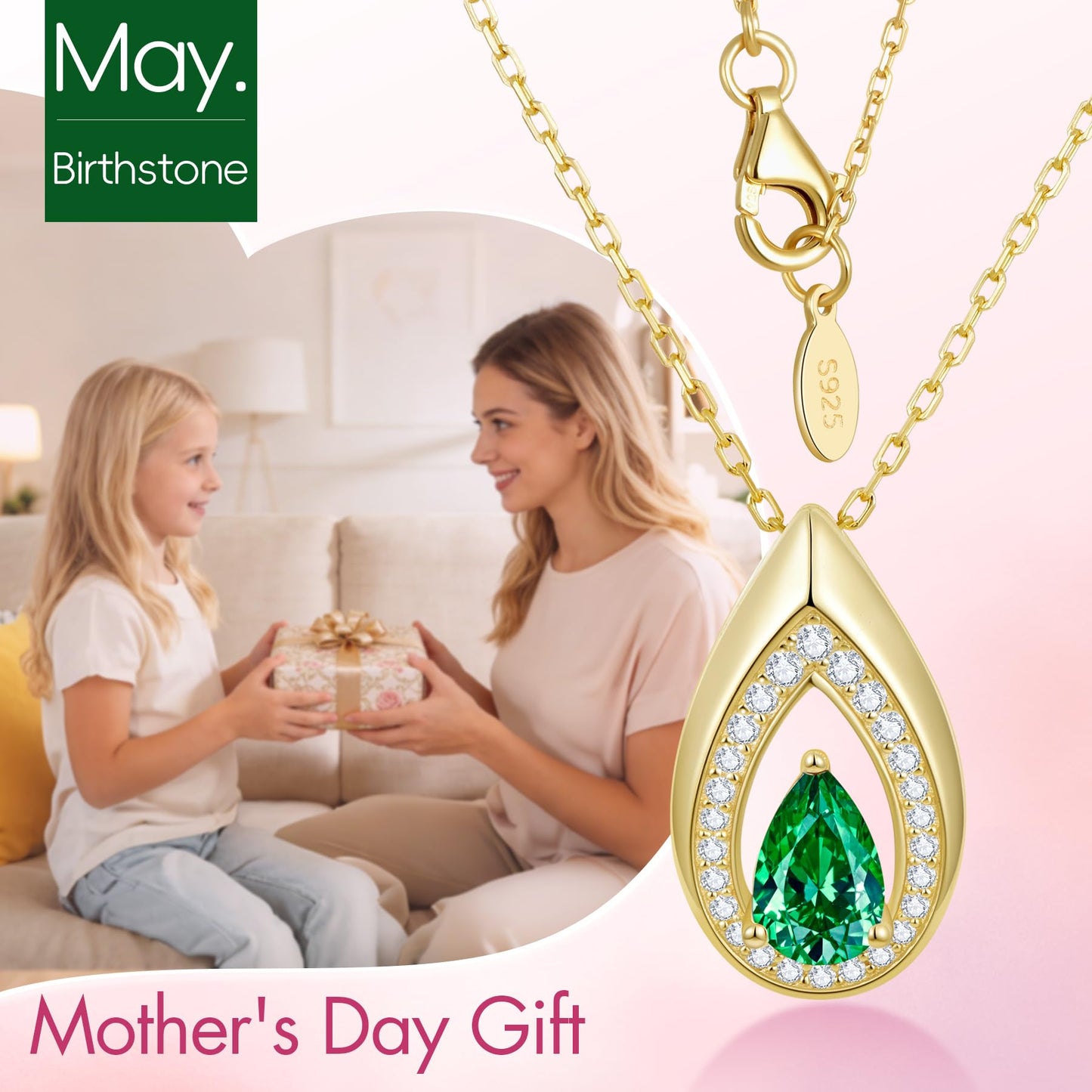 Kstyle 14k Gold Lab-Grown Emerald Pendant Necklaces for Women Valentine's Day Birthday Gift Anniversary Jewelry for Wife Daughter Grandma Mom Sister Non Tarnish
