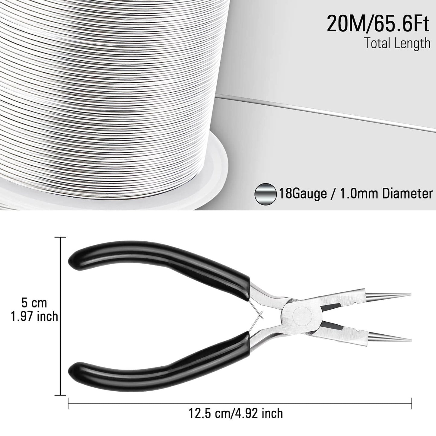 Modacraft 18 Gauge Silver Jewelry Wire & 4-in-1 Pliers Kit - 65FT Anti-Tarnish Craft Wire (1mm) for Wire Wrapping, DIY Jewelry, Christmas Ornaments & Holiday Decor