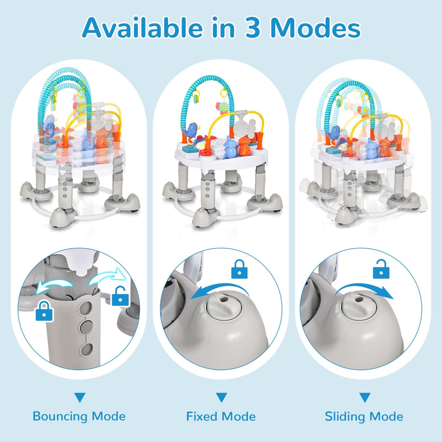 INFANS Baby Bouncer Activity Center, 5 in 1 Toddler Bouncing Activity Saucer Playtime Mat Activity Table with 360°Rotating Seat, 3 Adjustable Height, Foldable Exersaucer Learning Walker (Light Grey)