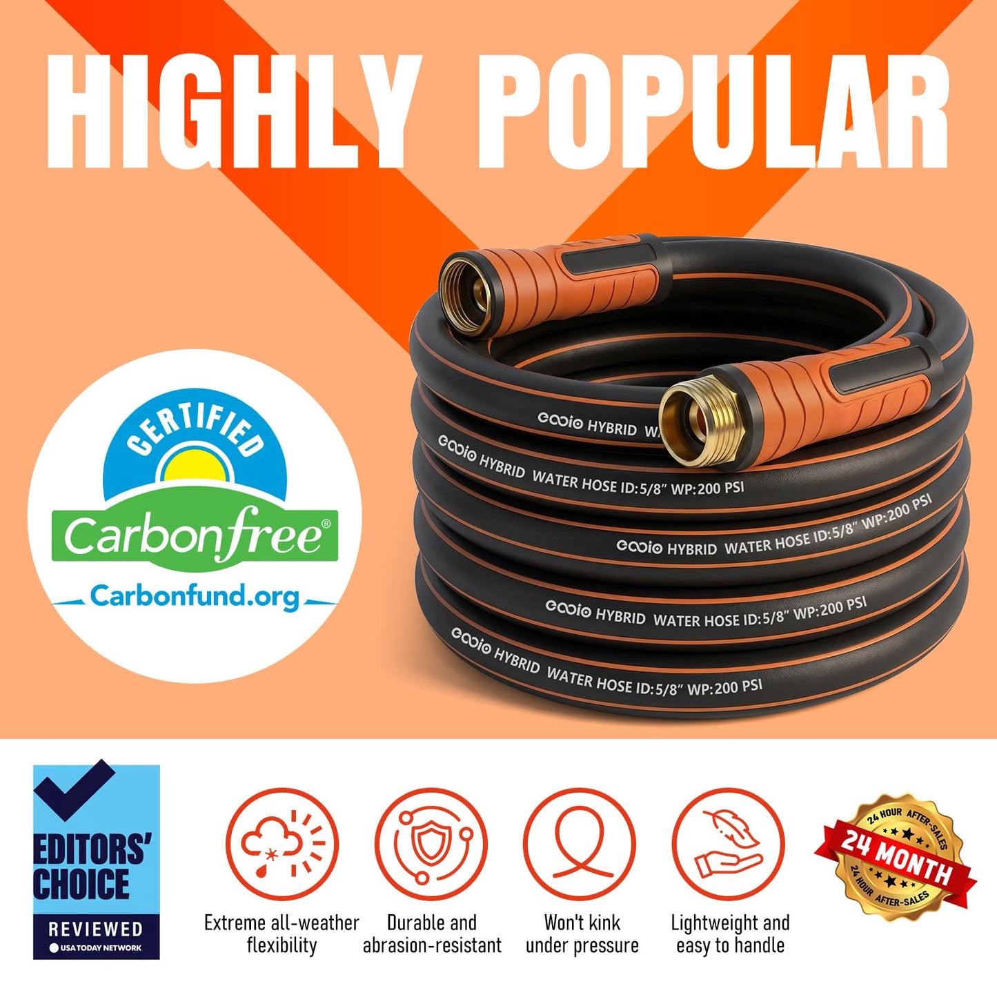 Garden Hose 25 ft x 5/8", Heavy Duty Water Hose, Flexible and Durable, Kink Resistant Lightweight Hybrid Hose, Leakproof Yard Hose with Male to Female Fittings