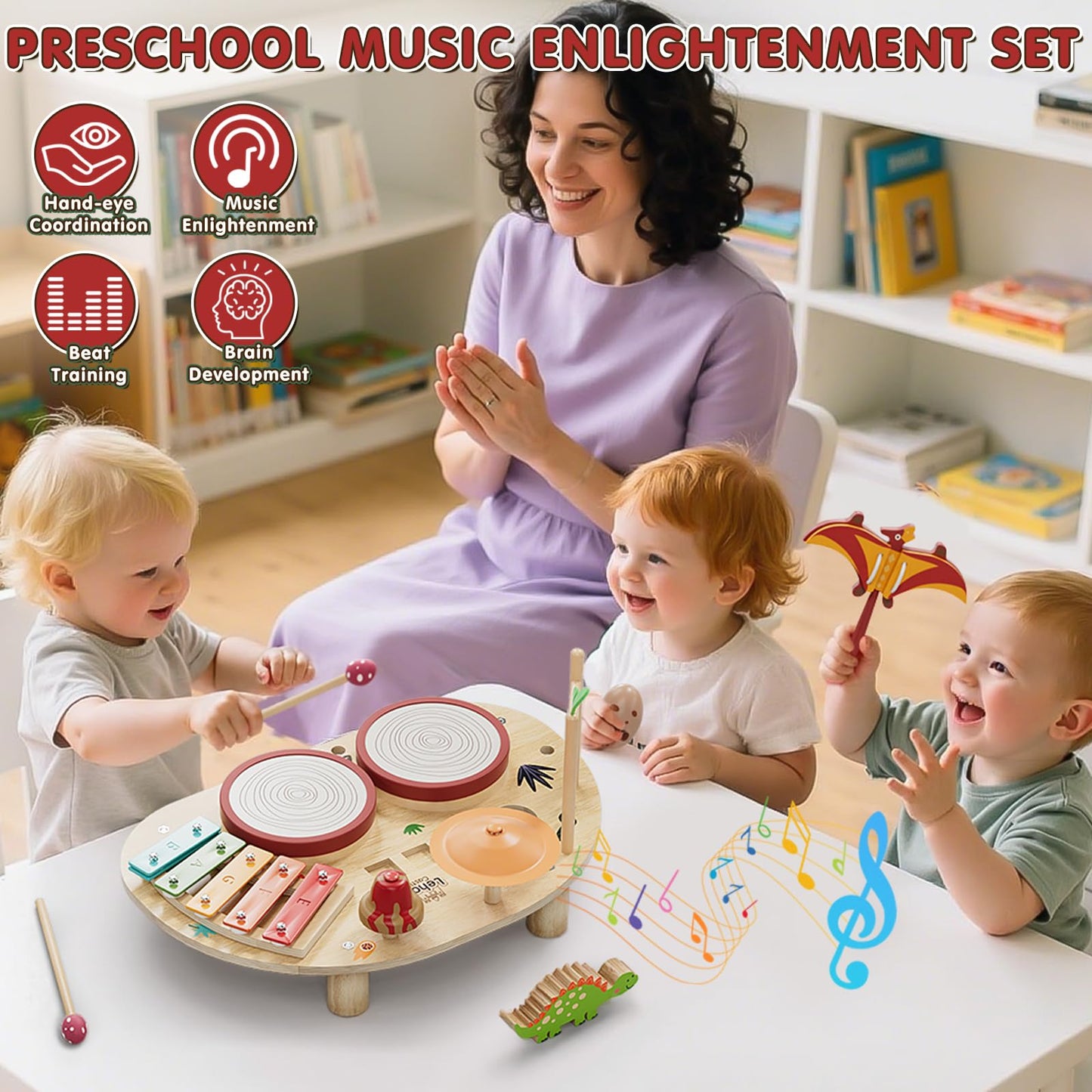 Lehoo Castle Baby Drum Set, Wooden Musical Instruments, Montessori Toys for Toddlers 1-3, Percussion Set with Xylophone Maracas Egg Shaker Drum Sticks, Preschool Christmas Birthday Gift