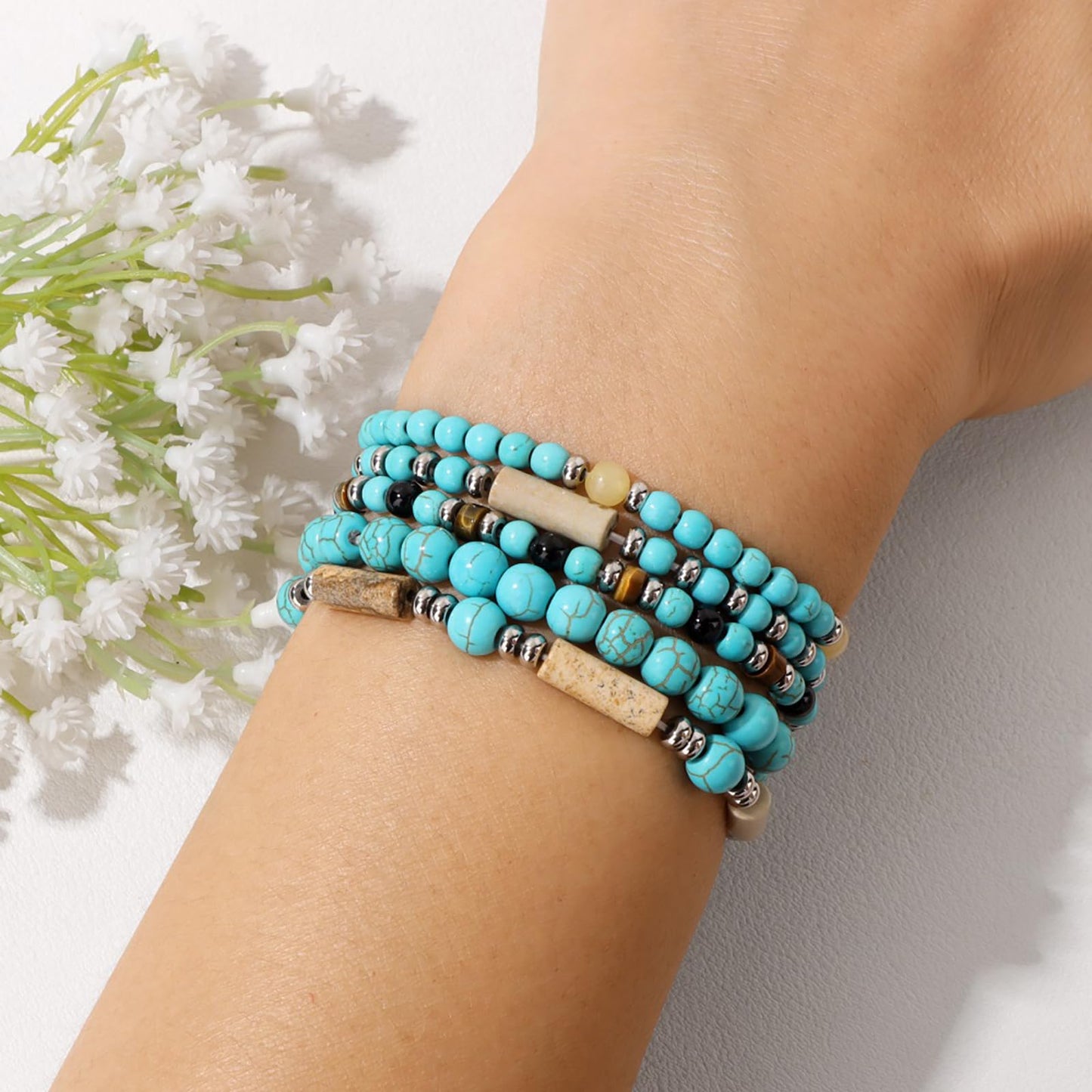 Lit Wall 5Pcs Green Jade Bracelet Set - Stackable Beaded Bracelets - Stretch Bracelets for Women - 4mm & 6mm Jade Beads - 19cm/7.48 in - Green Aventurine